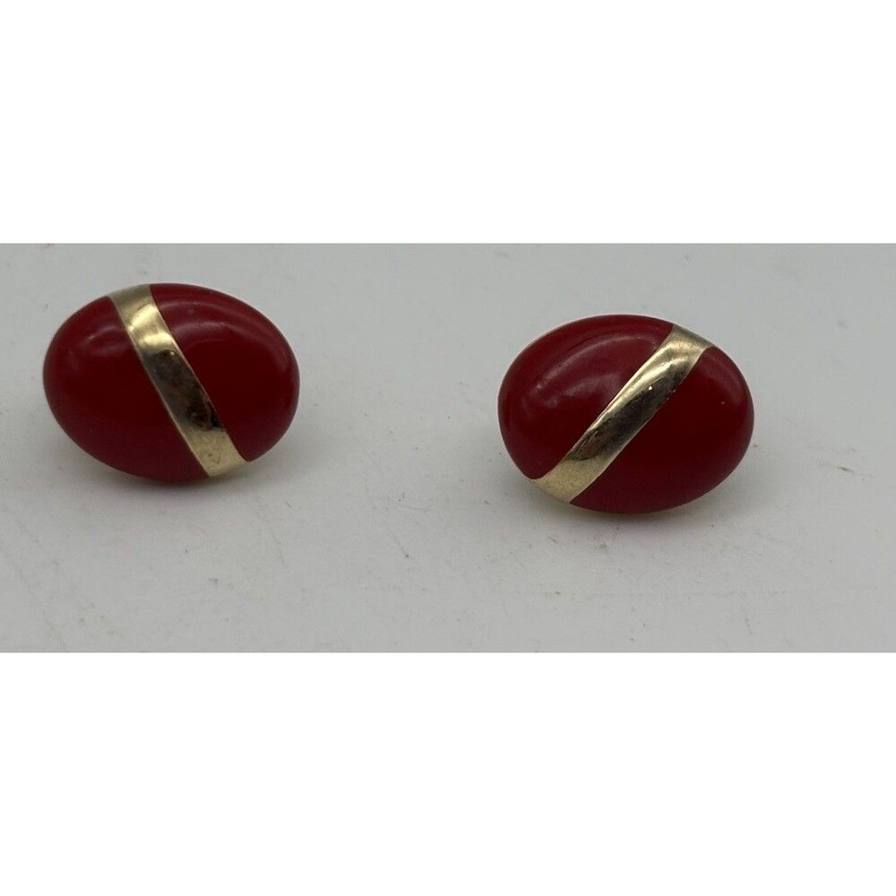 Red Oval Stud Earrings Gold Tone Diagonal Stripe Retro Costume Jewelry Pair